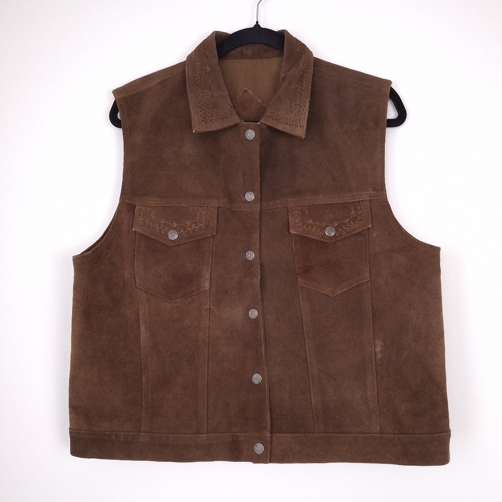 Agapo vintage suede leather snap vest Western country boho embroidered brown